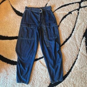 Stella McCartney High Rise Tapered Denim Cargo Pants with denim belt